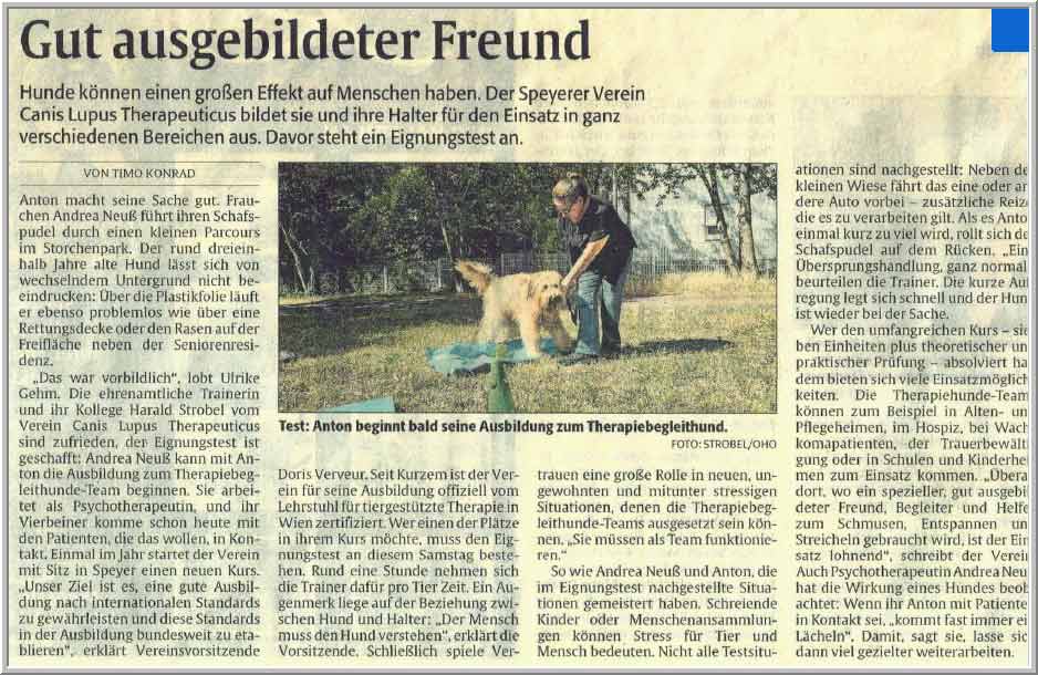 Rheinpfalzartikel über die Ausbildung zum Therapiebegleithund
